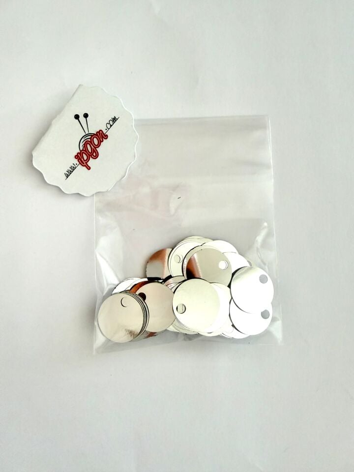 20 mm YUVARLAK MODEL PLASTİK PUL PAYET, NAKIŞ PULU, DÖKME PUL, GENİŞ DELİK ÇANTA PULU, YAN DELİK, GÜMÜŞ RENK
