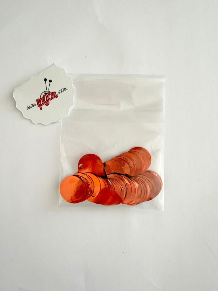 20 mm YUVARLAK MODEL PLASTİK PUL PAYET, NAKIŞ PULU, DÖKME PUL, GENİŞ DELİK ÇANTA PULU, YAN DELİK, BAKIR RENK